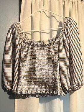 LOFT Striped Smocked Top - White, Blue & Brown